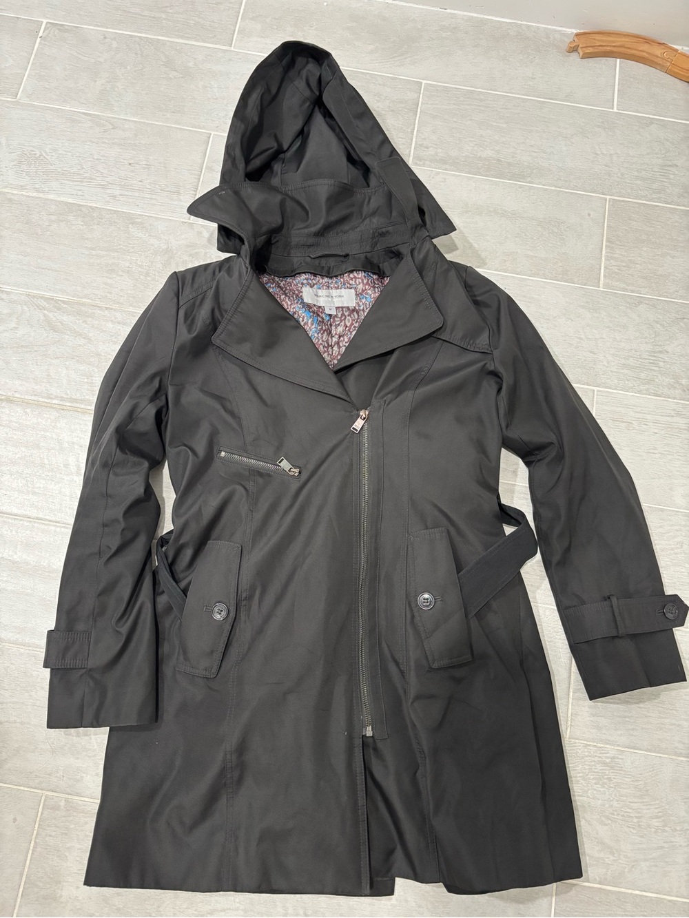 Michael Kors Black Hooded Trench Coat with Floral Lining